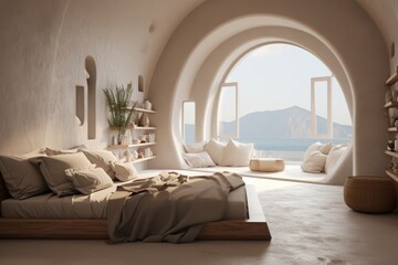 Tranquil santorini-inspired bedroom in beige colors with elegant furnishings and decor for a serene...