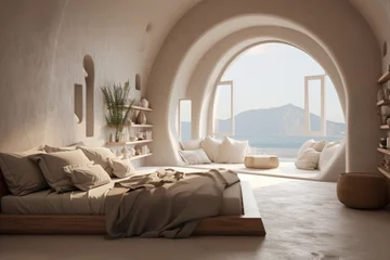 Rolgordijnen Tranquil santorini-inspired bedroom in beige colors with elegant furnishings and decor for a serene ambiance © katrin888