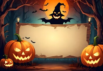 Halloween party. Wooden banner with pumpkin head jack lanterns, burning candles, bats in dark spooky mystery forest at Halloween night. invitation. Copy space, space for message AI generated