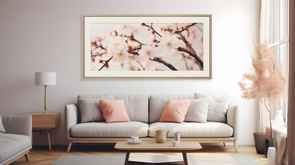  A frame featuring a close-up shot of delicate cherry blossoms in bloom, bringing a touch of elegance and tranquility to the modern living room. 