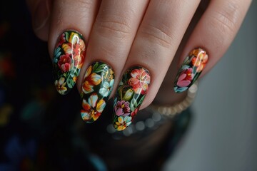 Close up view of spring nail art with floral pattern