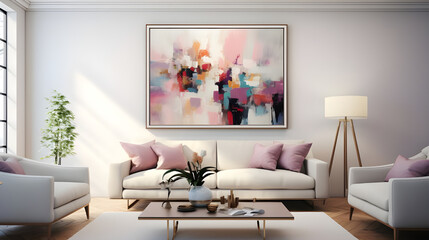 A sophisticated frame displaying an abstract art piece inspired by modern architecture, adding an artistic flair to the contemporary living room decor.