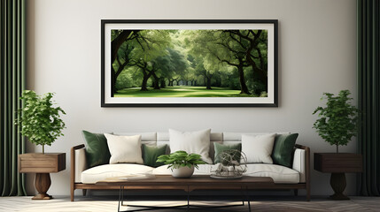  An elegant frame showcasing a lush forest landscape with vibrant greenery, bringing the beauty of nature indoors to the modern living room. 