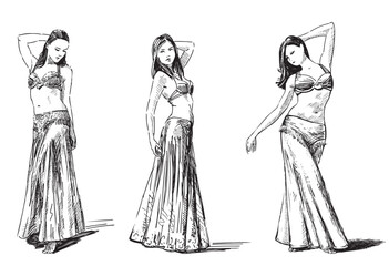 Hand drawing of young attractive beautiful slim dancer in various poses, vector sketch isolated on white