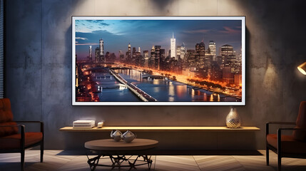 A gallery-style frame featuring a vibrant city skyline at night, capturing the bustling energy of urban life in the modern living room.