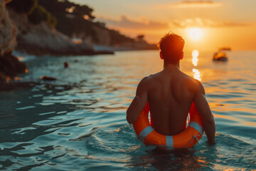Man standing with a life preserver in the ocean - obrazy, fototapety, plakaty