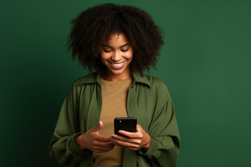 Fototapeta na wymiar Happy African American woman with phone on Forest Green studio background