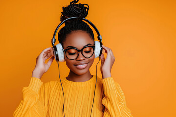 Young African American woman wearing headphones on a orange background listening to her favorite music - obrazy, fototapety, plakaty