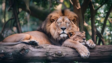 This proud male aftican lion is cuddled by his cub during an affectionate moment.