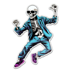 a vinyl sticker that looks like a stylized breakdancing skeleton with cool shades сreated with Generative Ai