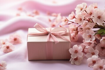 Valentine's celebration presents on background of pink flowers and a gift box