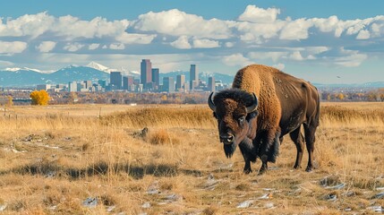 A bison on an open meadow at the Rocky Mountain National Park, with the Denver skyline and the Rocky Mountains in the distance. - obrazy, fototapety, plakaty