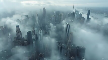 Top view of New York skyline in cloudy day. Skyscrapers of NYC in the fog. Stunning and magnificent...