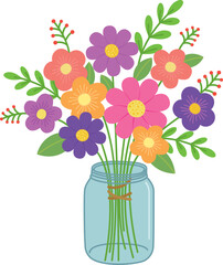 Colorful bouquet of flowers in a glass jar. Vector cute illustration in flat style