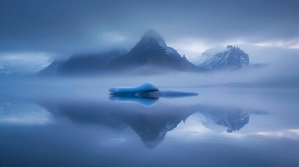 The sea mirrored a blue iceberg, and mountains emerged from the mist. Joekulsarlon, glacial lagoon, Europe, Scandinavia, Iceland