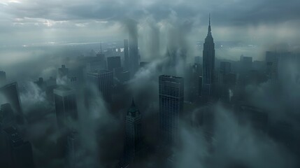 Top view of New York skyline in cloudy day. Skyscrapers of NYC in the fog. Stunning and magnificent view of famous city. digital art
