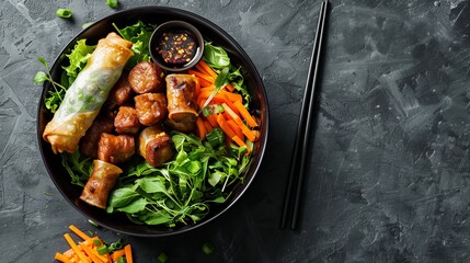 fried pork, spring rolls, and carrots served with bowl greens and black chopsticks on the side