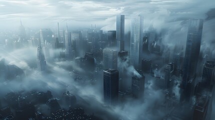 Top view of New York skyline in cloudy day. Skyscrapers of NYC in the fog. Stunning and magnificent view of famous city. digital art
