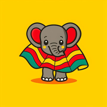 A logo illustration of a cute elephant in a colorful poncho on a yellow background.
