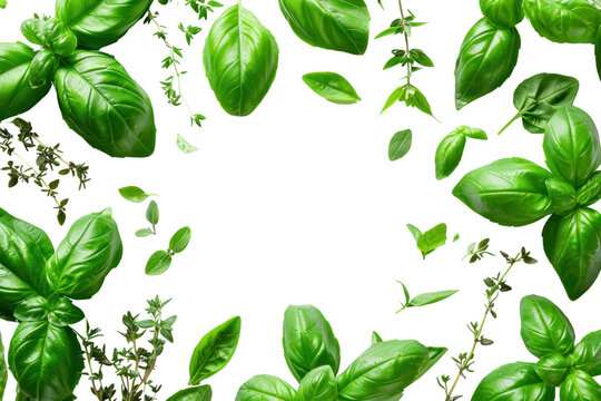 Falling basil leaves on a transparent white background.