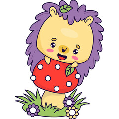 Cute hedgehog on mushroom