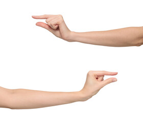 Female hand showing little size or amount of something, isolated on transparent background, png file
