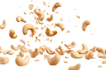Falling cashew nuts on a transparent white background.