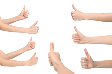 Female hands showing a thumb-up sign meaning approval from different angles, isolated on transparent background, png file