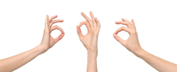 Female hands showing the OK gesture by joining the thumb and index finger in a circle, meaning...