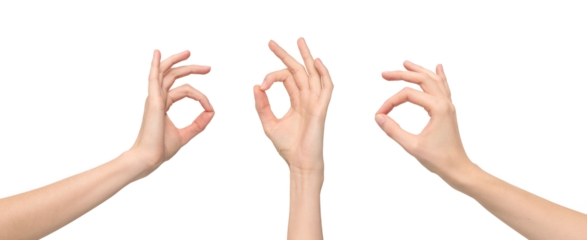 Female hands showing the OK gesture by joining the thumb and index finger in a circle, meaning agreement or approval,  isolated on transparent background, png file