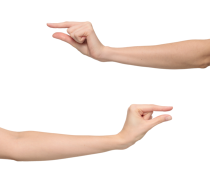 Female hand showing little size or amount of something, isolated on transparent background, png file