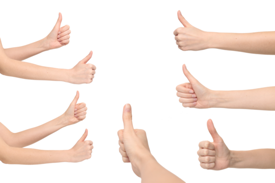 Female hands showing a thumb-up sign meaning approval from different angles, isolated on transparent background, png file