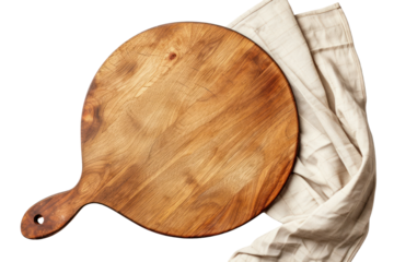 Empty pizza board Pizza and napkins, isolated top view, transparent background.