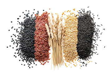 Food set consisting of black, red and white seeds such as wheat, corn, isolated on a transparent...