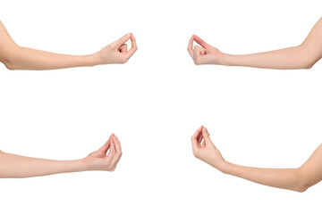 Female hands showing Italian “finger purse” or “pinched fingers” gesture by gathering fingers with tips touching and pointing upward, isolated on transparent background, png file