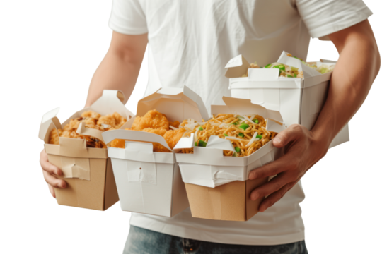 Delivery man holding handicraft paper Food delivery worker isolated on transparent background.