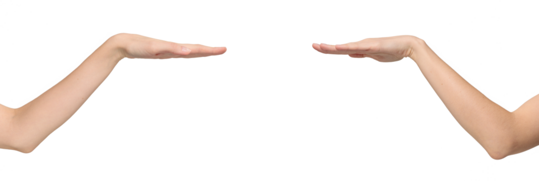 Two sides of female arm bent at the elbow with the palm facing down, as a sign of measuring height, isolated on transparent background, png file