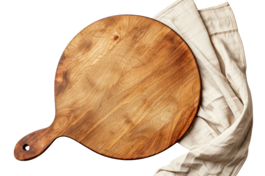 Empty pizza board Pizza and napkins, isolated top view, transparent background.