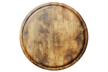 Round wooden cutting board isolated on transparent white background.