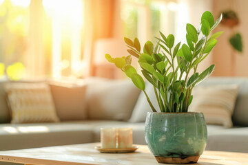 Beautiful green plant in a pot on blurred living room interior background.	