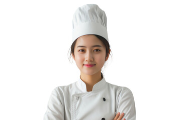 Beautiful chef. Portrait of young Asian chef wearing a chef's uniform ready to cook on isolated background, transparent background.