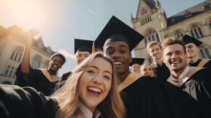 Group of students stands in front of the university building on graduation day. The first step of successful in adult life. Cheerful graduates pose for a selfie. - obrazy, fototapety, plakaty