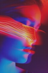 vibrant neon light waves cascade over a contemplative face