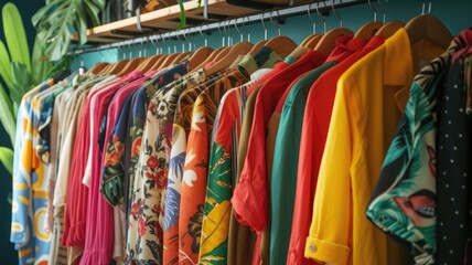 Assorted Fashionable Vintage Clothing on Hangers second-hand clothing, showcasing styles from the '80s and '90s in a Boutique
