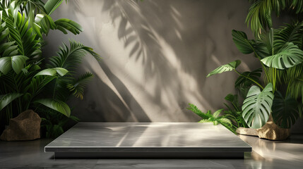 Modern Marble Product Display Stand with Tropical Leaves and Natural Light Shadows.