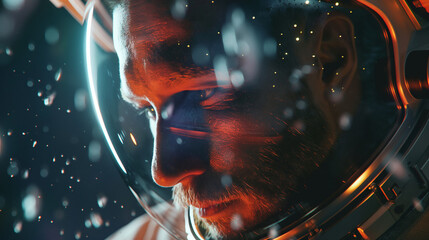 Face of a man - astronaut in a spacesuit, floating in space - Powered by Adobe