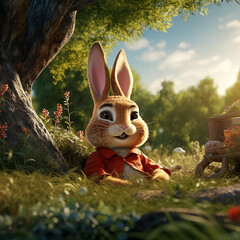  cartoons, 3d animation, hase, sitzen, rote jacke, große Ohren, im hintergrund bäume, wiese, komisch,  cartoons, 3d animation, bunny, sitting, red jacket, big ears, background trees, meadow, funny,