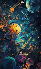 surreal cosmic collage with planets, stars, nebulas and galaxies, far alien world in style of abstract, dreamlike colorful universe 