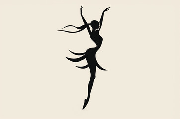 Silhouette of gymnastic dancing girl or ballerina with arms extended on beige background. Elegant dance pose.
