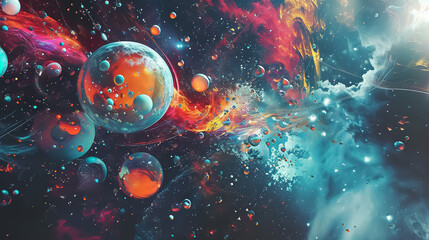 surreal cosmic collage with planets, stars, nebulas and galaxies, far alien world in style of abstract, dreamlike colorful universe 